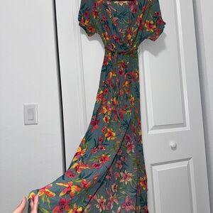 Vibrant Floral Maxi Dress in Teal and Red